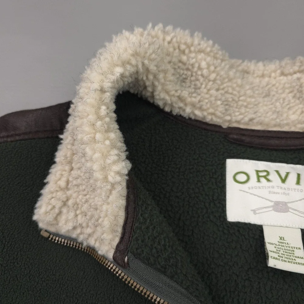 Orvis Jacket Mens XL Green Fleece Sherpa Collar Zip Pockets Outdoor Bomber